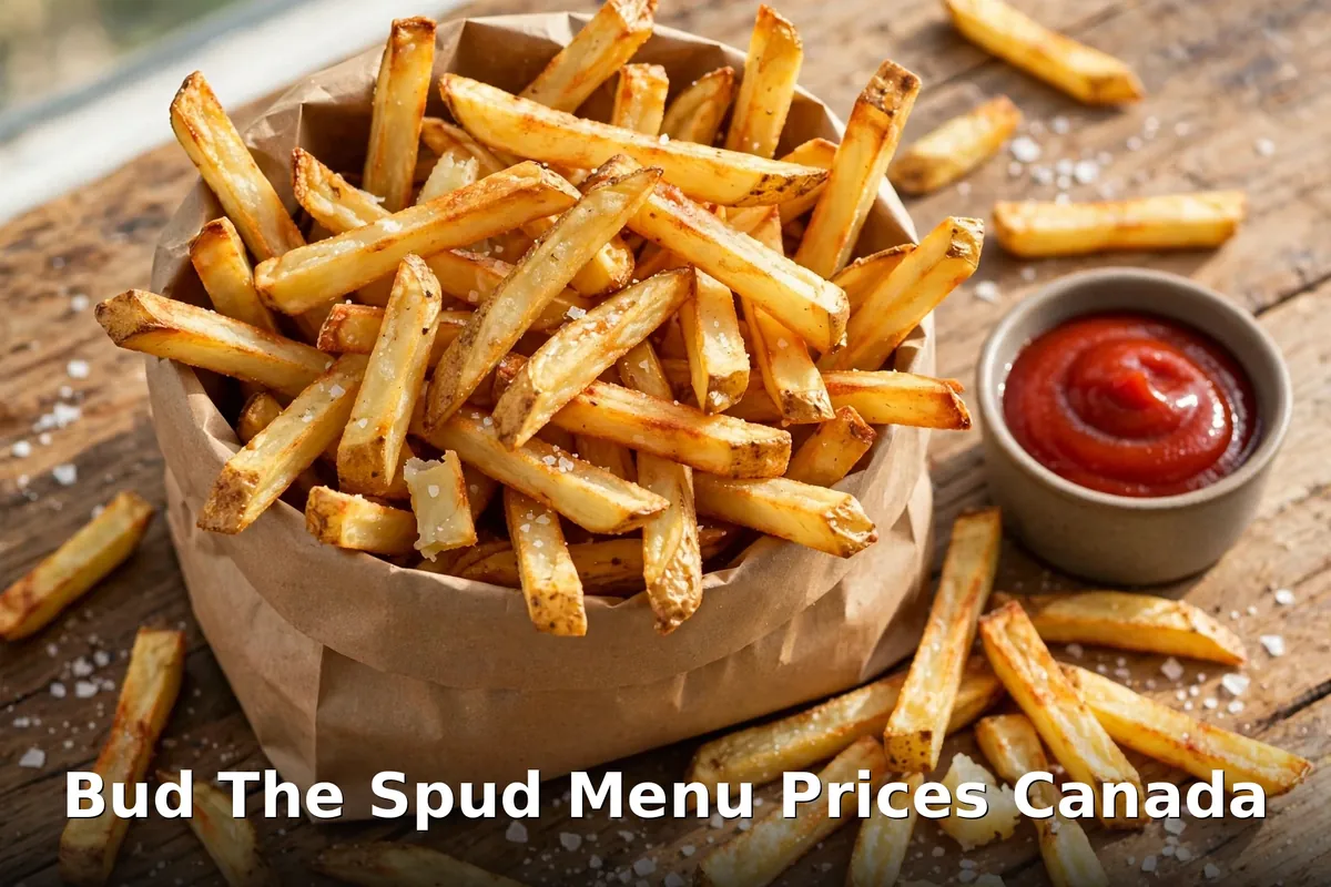 Hand-cut golden fries in a paper bag with ketchup, bud the spud menu prices canada