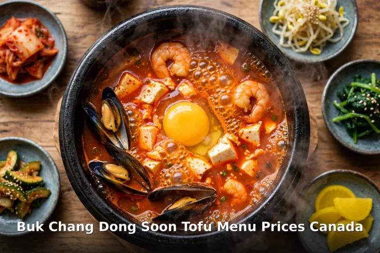Buk Chang Dong Soon Tofu menu prices Canada 2026 - AI-generated bubbling Korean soon tofu stew in a stone pot with banchan sides