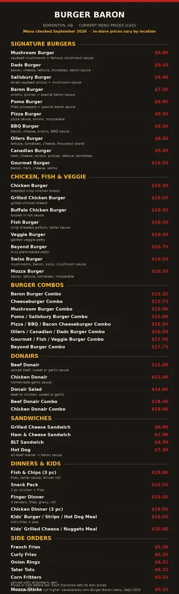Burger Baron menu prices Canada: full menu card with signature burgers, combos, donairs and sides in CAD