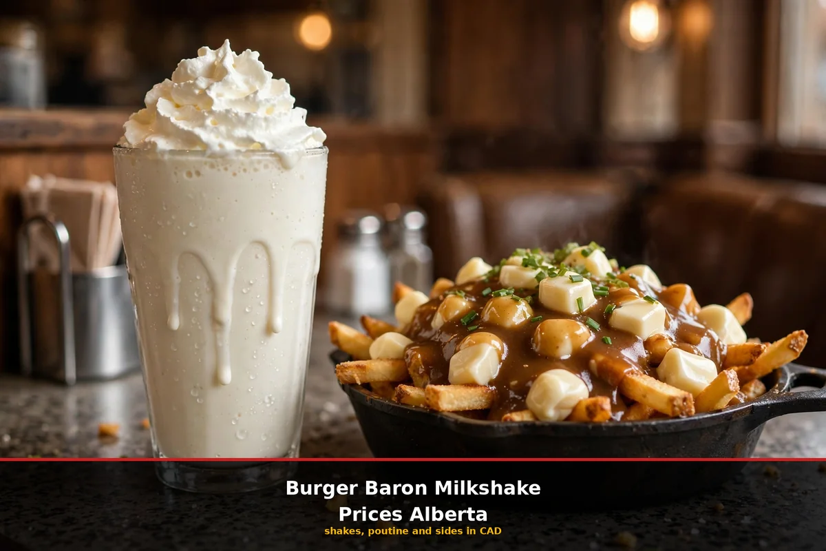Burger Baron milkshake prices Alberta: thick vanilla milkshake with whipped cream and loaded poutine