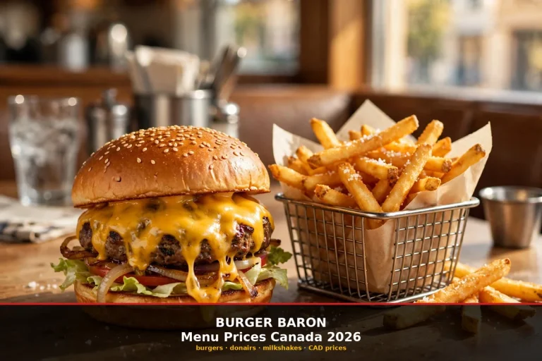 Burger Baron menu prices Canada 2026: juicy mushroom burger with fries in Edmonton Alberta