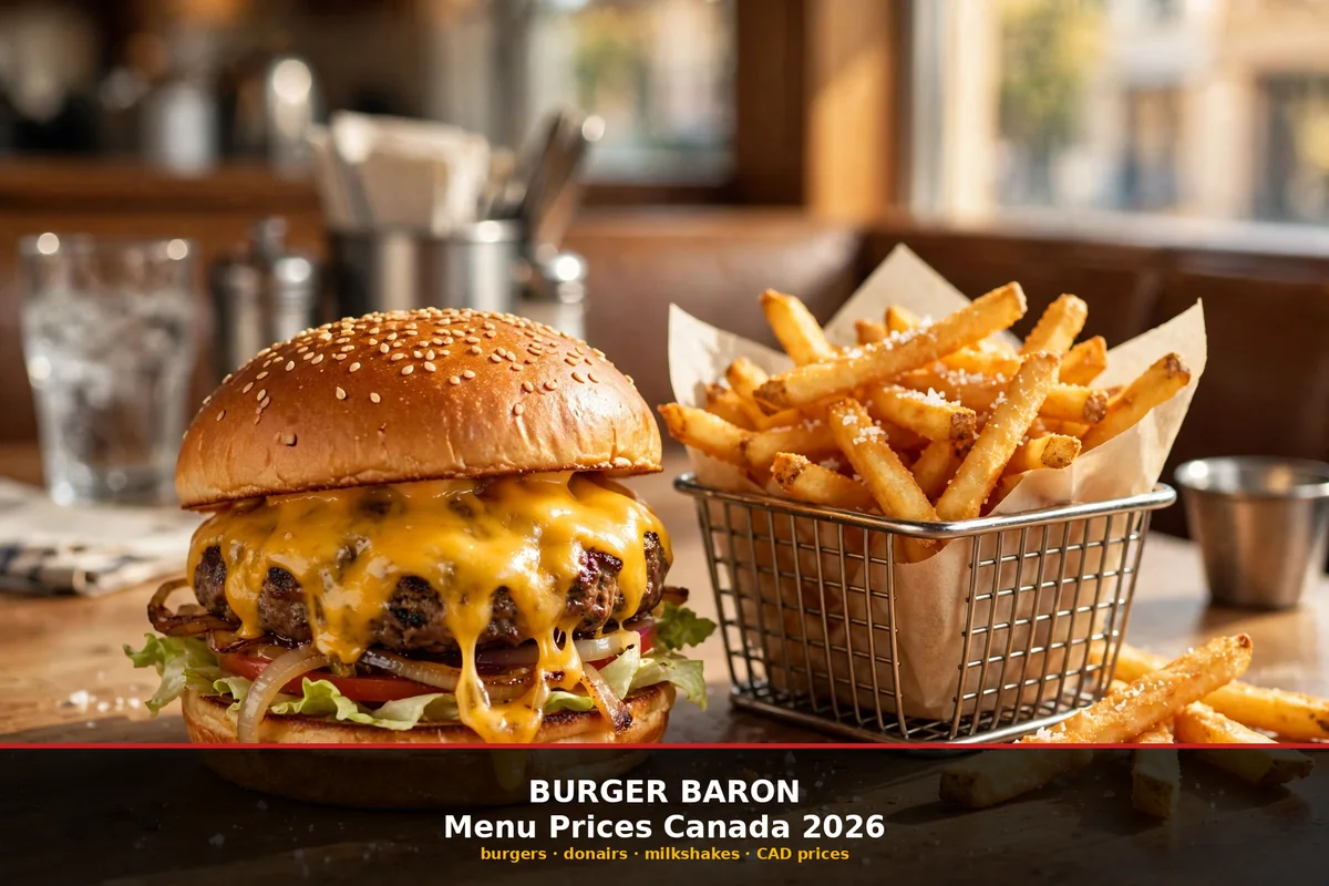 Burger Baron menu prices Canada 2026: juicy mushroom burger with fries in Edmonton Alberta