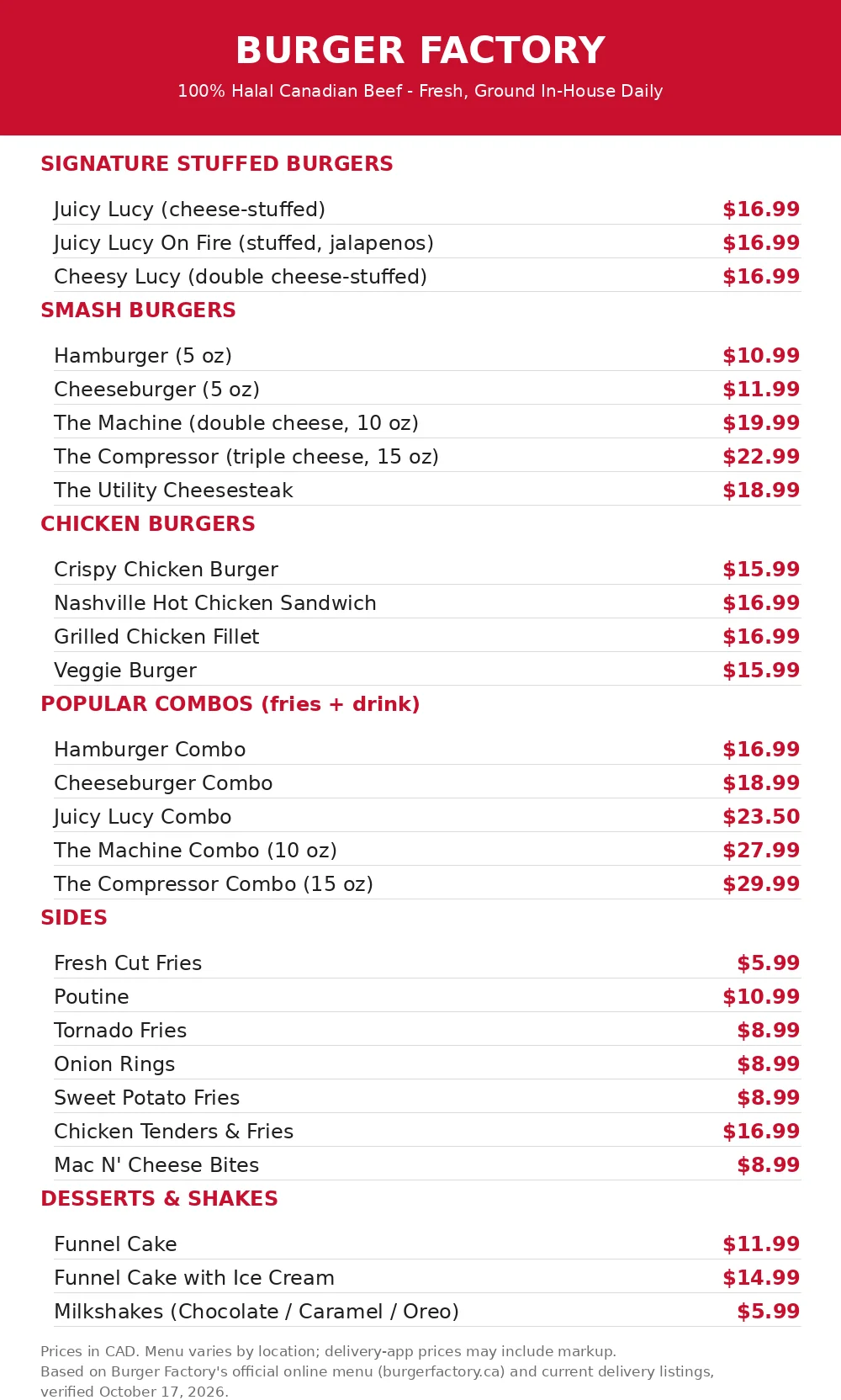 Burger Factory menu prices Canada: current menu card with Juicy Lucy, smash burgers, combos and CAD prices