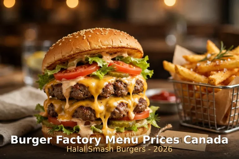 Burger Factory menu prices Canada 2026: smashed cheese-stuffed burger with fries and overlaid keyword text