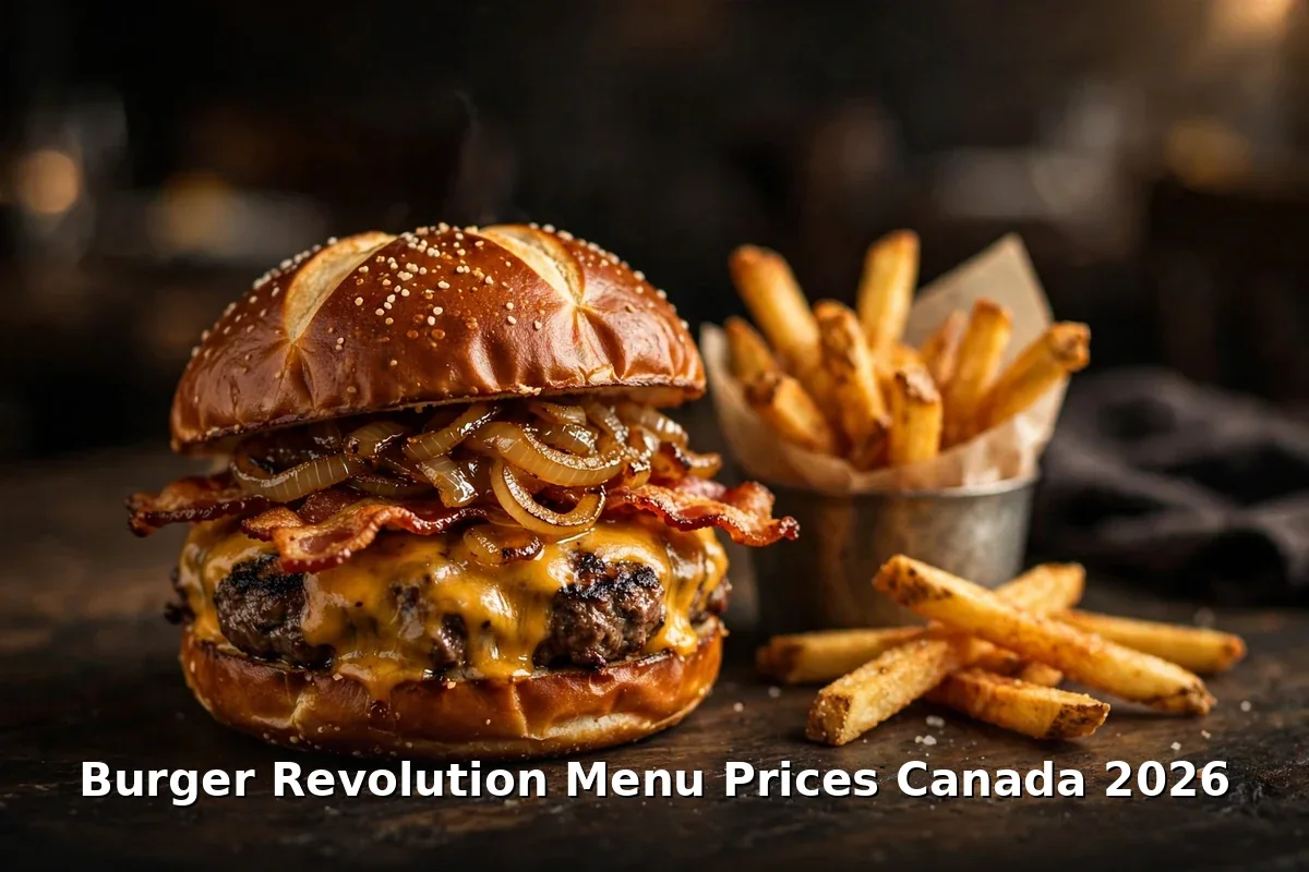 Burger Revolution gourmet burger with hand-cut fries and milkshake, burger revolution menu prices canada