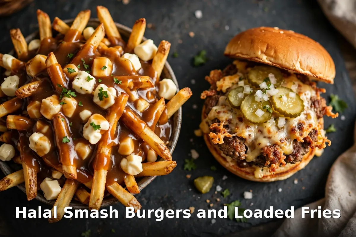 Halal smash burger with pickles and a tray of loaded poutine fries, burgers n fries forever halal smash burgers canada