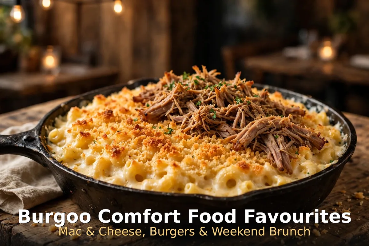 Creamy Burgoo mac and cheese in a skillet, burgoo mac and cheese menu prices