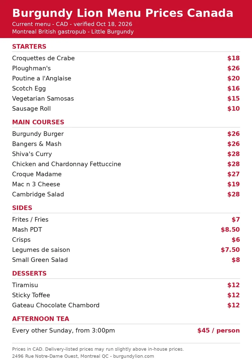 Burgundy Lion official menu card Canada 2026: current starter, main course, side, dessert and afternoon tea prices, burgundy lion menu prices canada