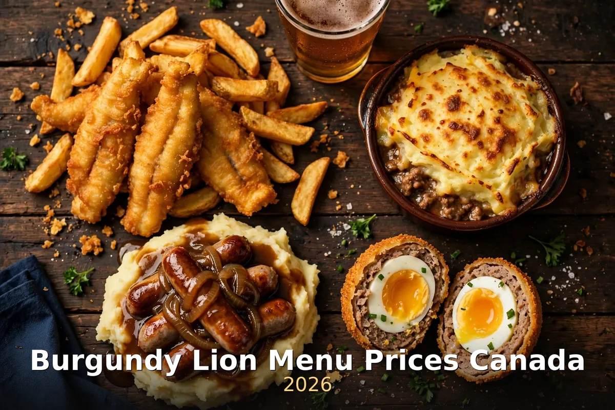 Burgundy Lion menu prices Canada 2026: AI-generated photo of British pub classics, fish and chips, shepherd's pie, bangers and mash and scotch egg
