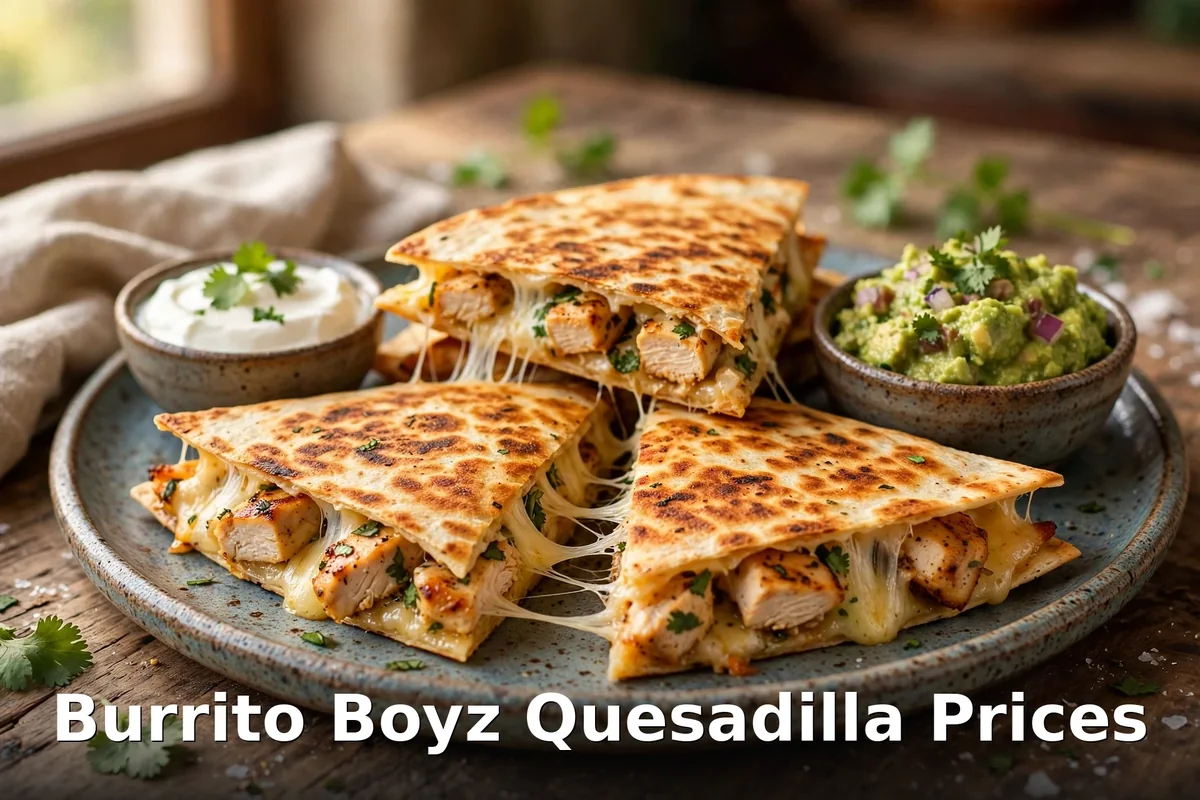 Burrito Boyz quesadilla menu prices Canada: grilled chicken quesadilla with melted cheese and fresh salsa