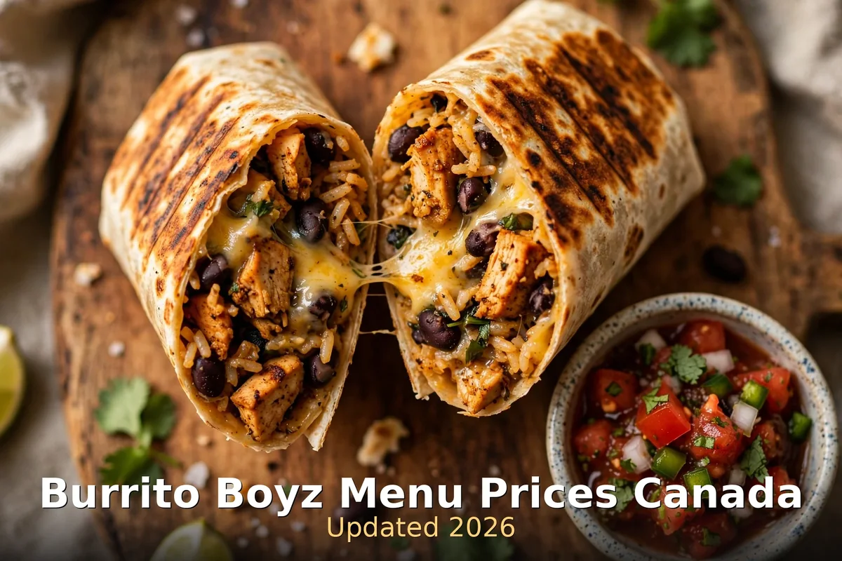 Burrito Boyz menu prices Canada - press-grilled chicken burrito with melted cheese, rice, black beans and salsa