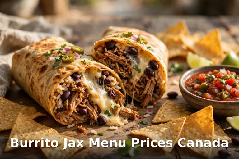 Burrito Jax pulled beef burrito with salsa and chips, Burrito Jax menu prices Canada 2026