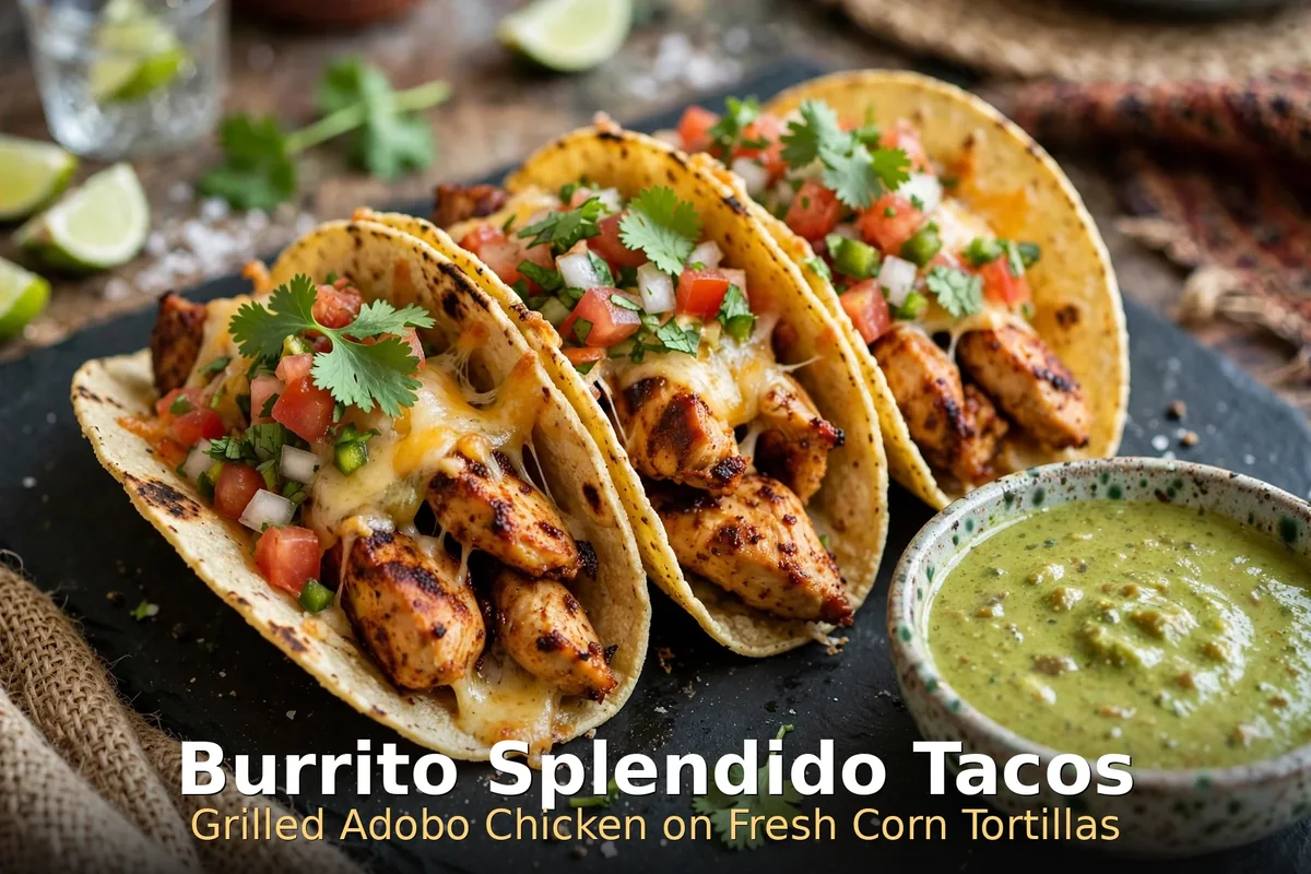 Burrito Splendido tacos with grilled adobo chicken and salsa verde, burrito splendido tacos menu prices canada