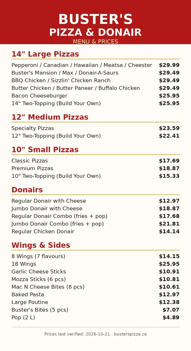 Buster's Pizza and Donair official menu card showing 14 inch large pizza, donair, wings and sides prices in CAD, busters pizza donair menu prices canada