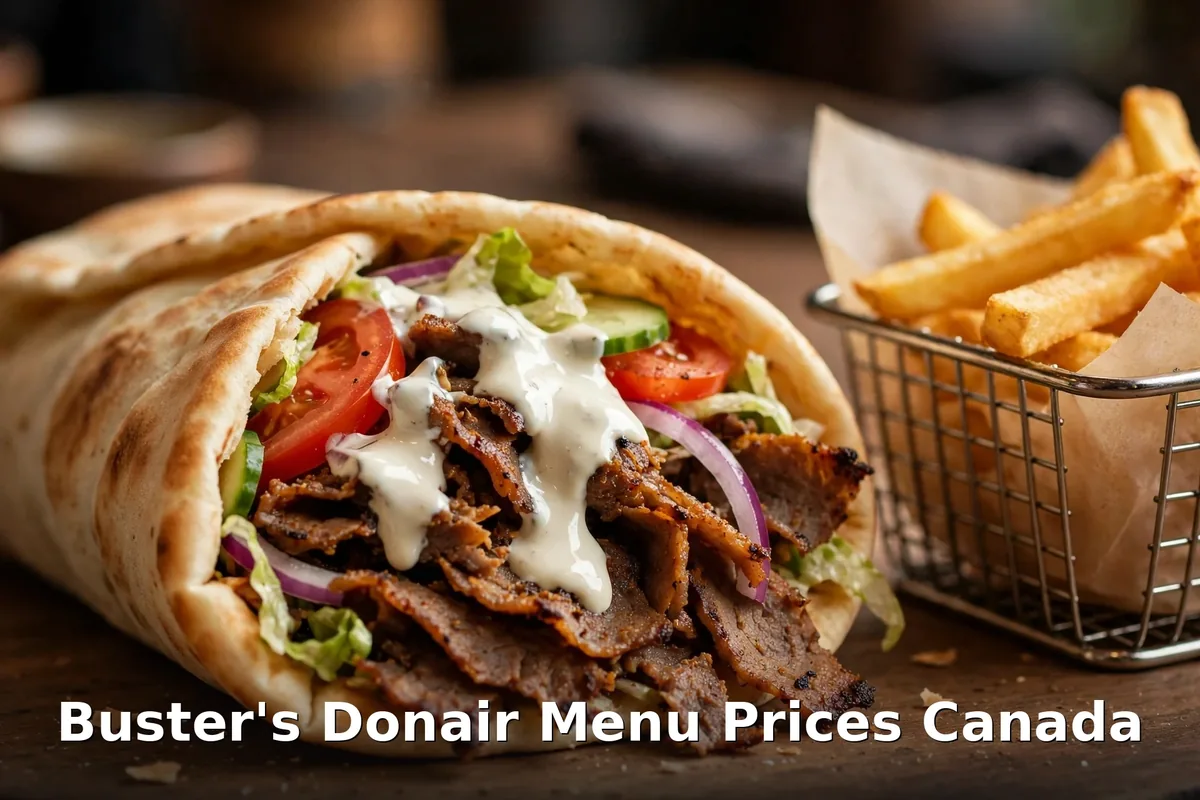 Buster's donair wrap with shaved meat, tomatoes, red onion and white sauce beside a basket of fries, busters donair menu prices canada alberta