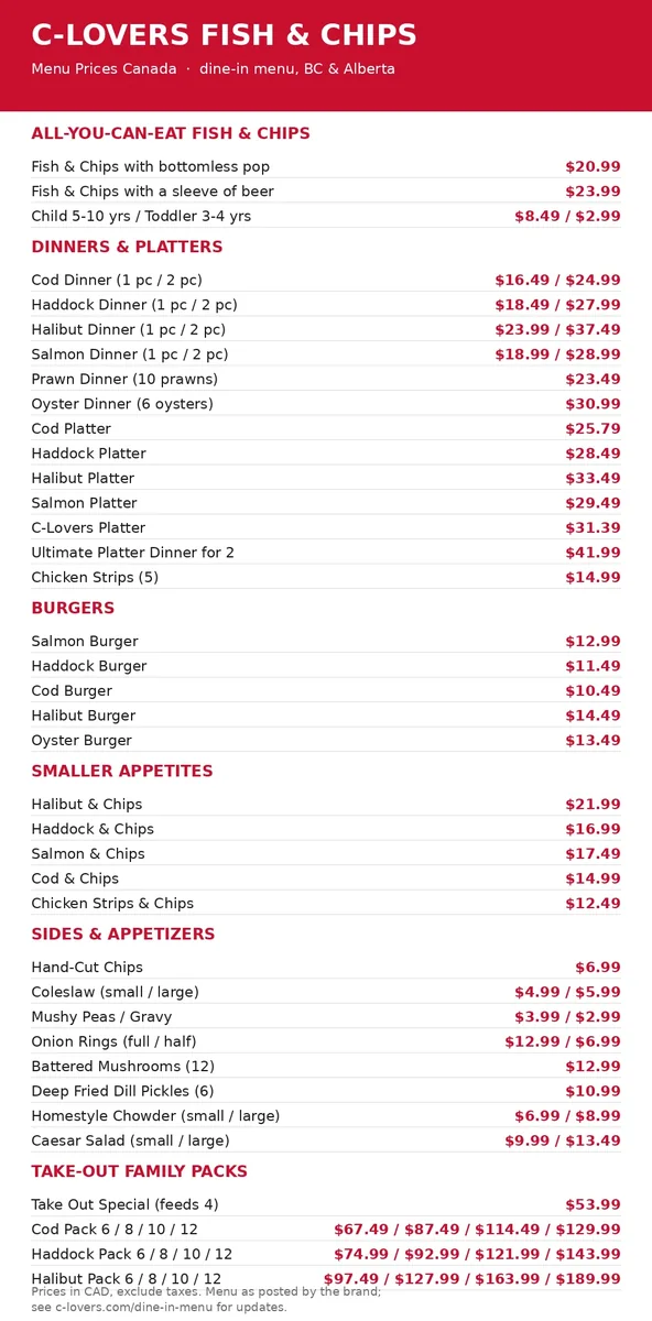 C-Lovers Fish & Chips menu prices Canada: full dine-in menu card with CAD prices for dinners, platters, burgers and family packs