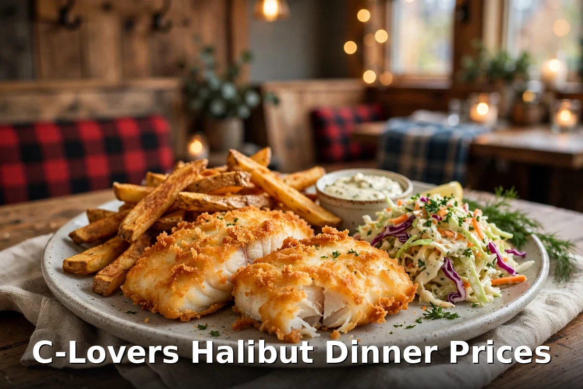 C-Lovers halibut dinner price Canada: crispy battered halibut with hand-cut chips and coleslaw
