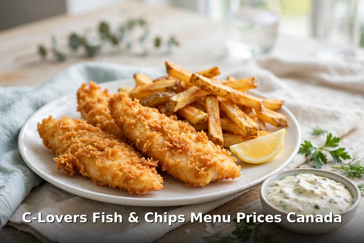 C-Lovers Fish & Chips menu prices Canada 2026 - crispy battered halibut with hand-cut chips, lemon and tartar sauce