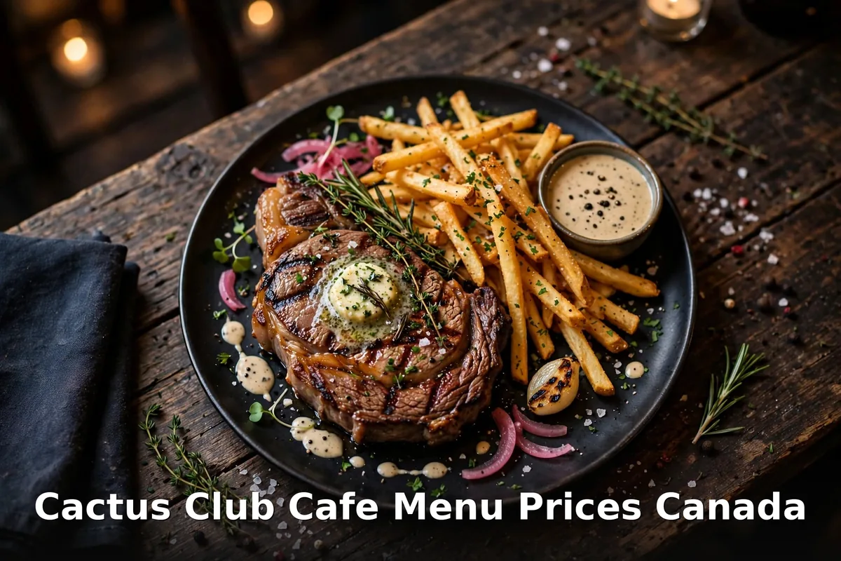 Cactus Club Cafe steak frites dinner with fries and peppercorn sauce, cactus club cafe menu prices canada 2026