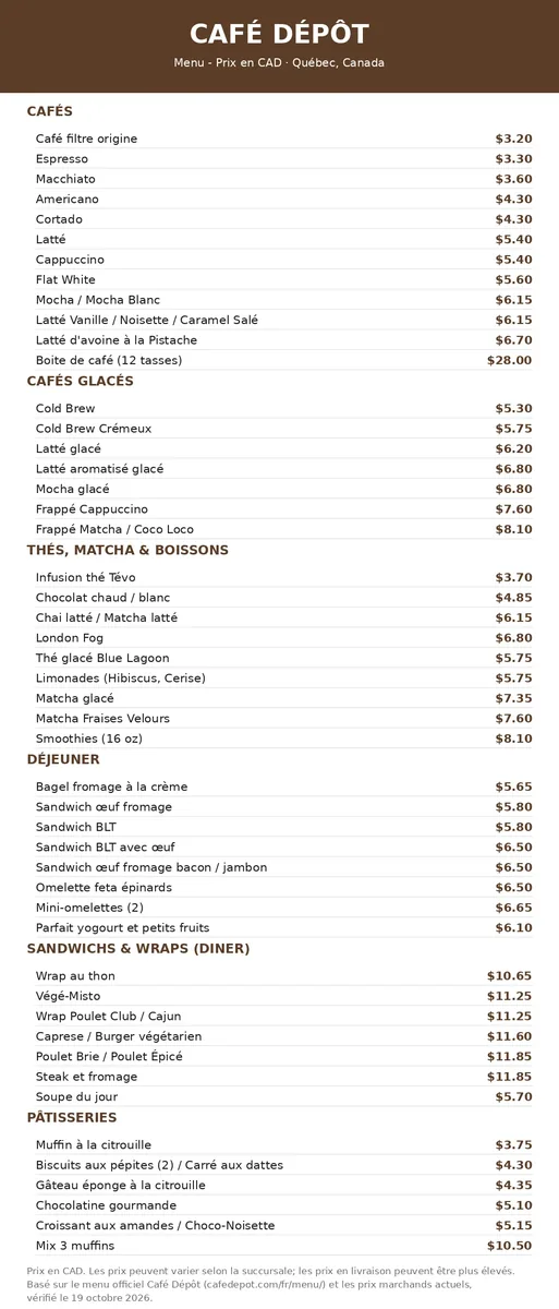 Café Dépôt menu prices Canada: current menu card with CAD prices for coffees, iced drinks, breakfast and lunch