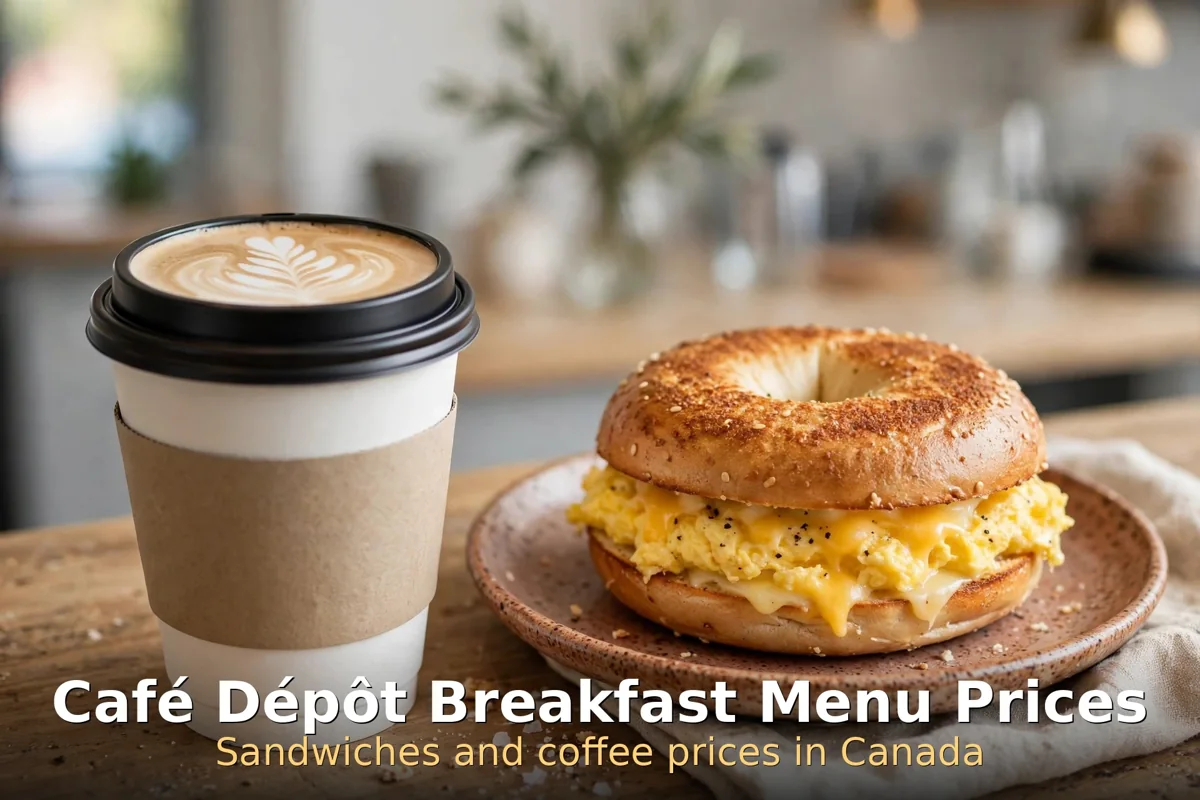 Café Dépôt breakfast menu prices: egg and cheese bagel sandwich with takeaway coffee, café dépôt menu prices canada