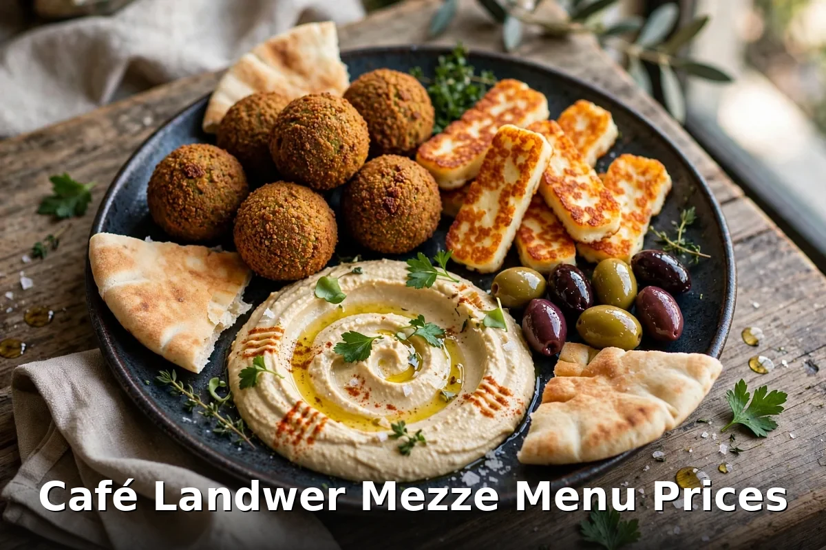 cafe landwer mezze menu prices: falafel, grilled halloumi, hummus and olives mezze platter at Café Landwer