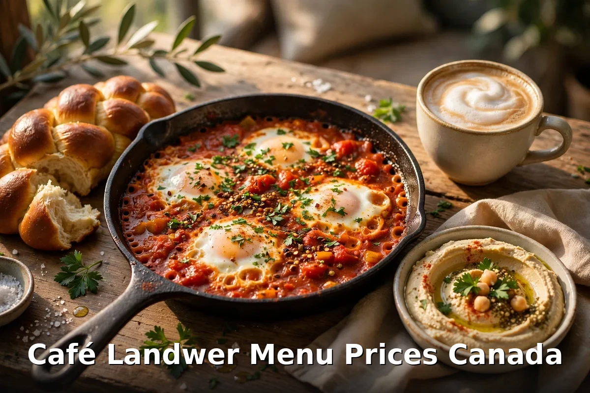 cafe landwer menu prices canada 2026: shakshuka pan, hummus bowl, latte and challah at Café Landwer