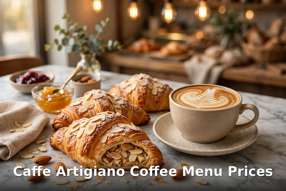 Almond croissants and a latte at a cafe table, caffe artigiano latte menu prices canada