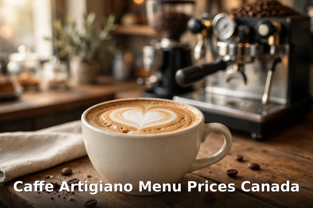Warm latte with heart latte art beside an espresso machine, caffe artigiano menu prices canada 2026