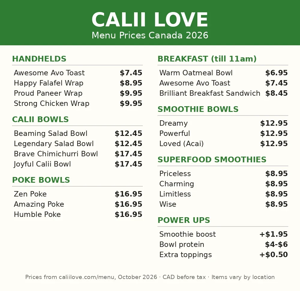 calii love menu prices canada: official current menu card with CAD prices