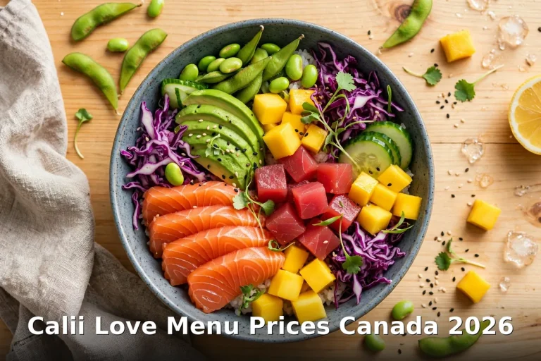 calii love menu prices canada 2026: fresh salmon and tuna poke bowl with mango, avocado and edamame