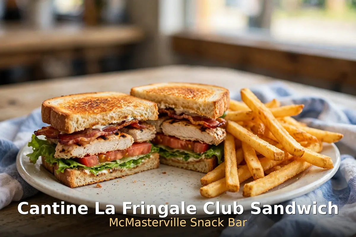 Cantine La Fringale club sandwich with grilled chicken, bacon, lettuce and tomato served with fries at a Quebec snack bar