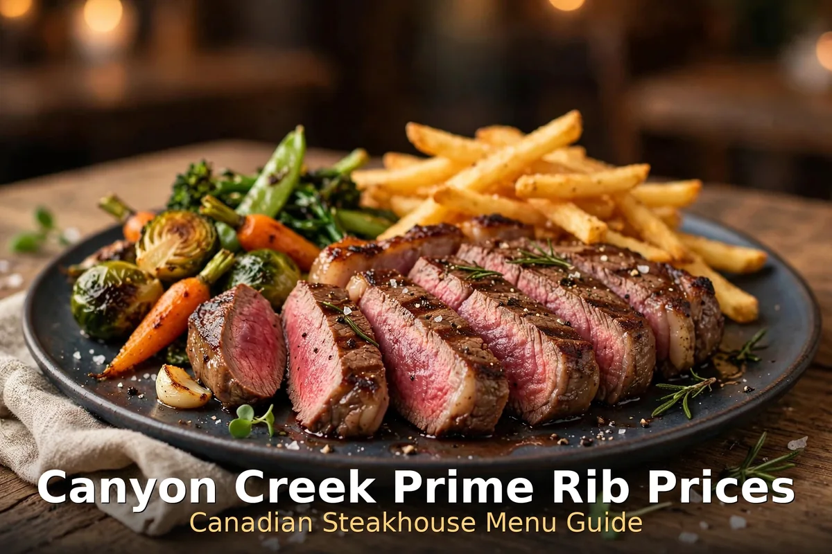 Canyon Creek prime rib prices Canada: sliced Certified Angus steak plate with fries and roasted vegetables