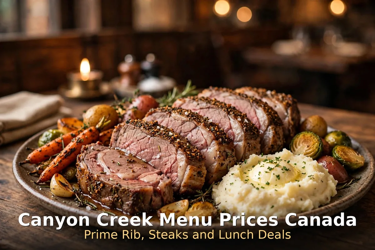 Canyon Creek menu prices Canada 2026: sliced 40-day aged prime rib with roasted vegetables and mashed potatoes