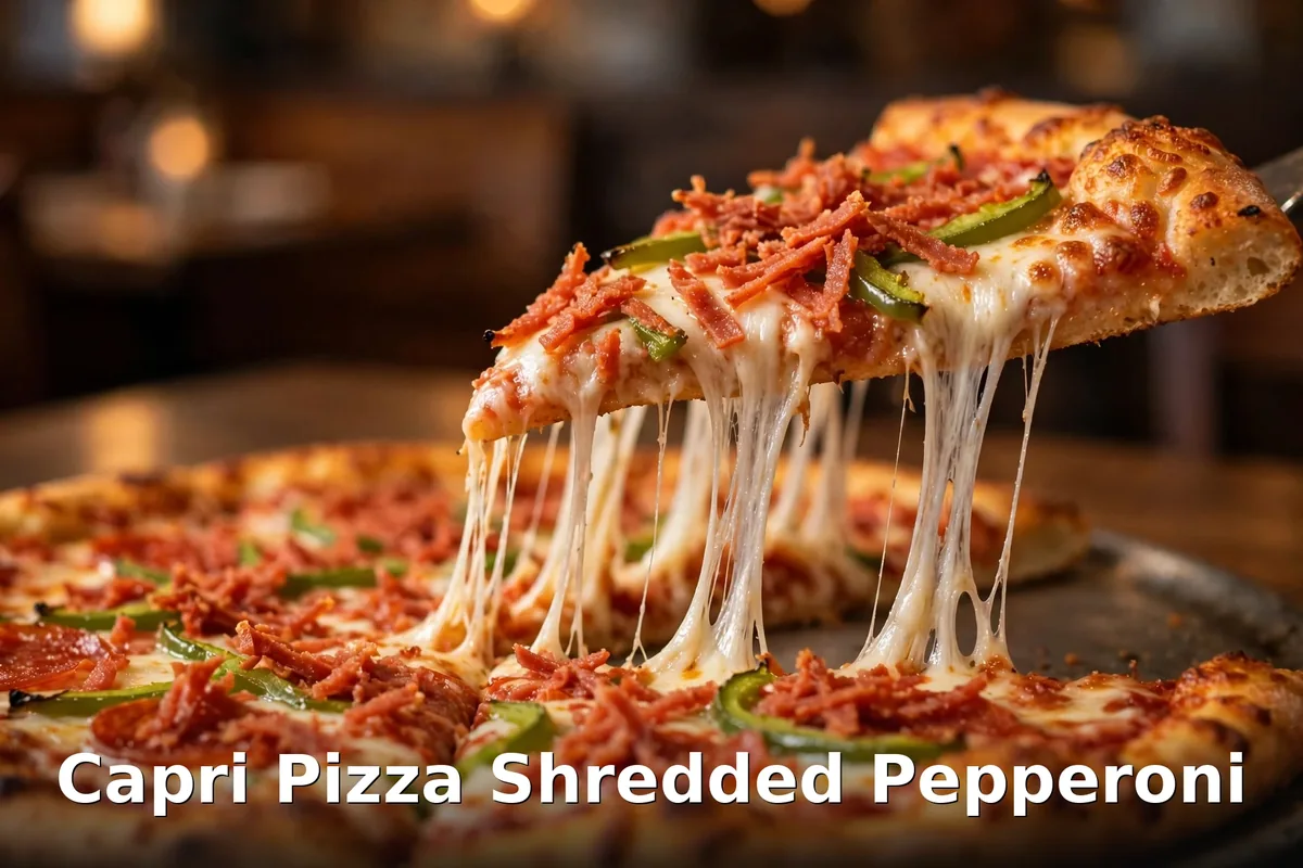 Capri Pizza shredded pepperoni price Canada 2026: AI-generated cheese-pull pizza slice, capri pizza menu prices canada