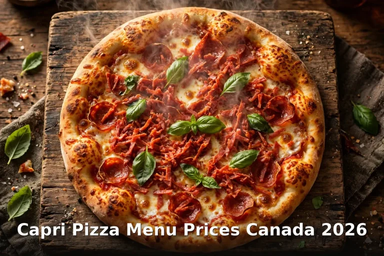 Capri Pizza menu prices Canada 2026: AI-generated shredded pepperoni pizza on wooden board, capri pizza menu prices