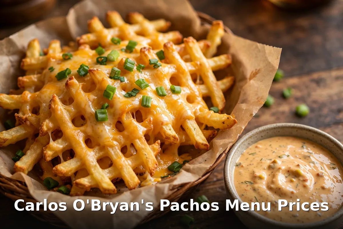 Carlos O'Bryan's Pachos menu prices Canada: signature lattice fries with melted cheddar, green onions and dipping sauce