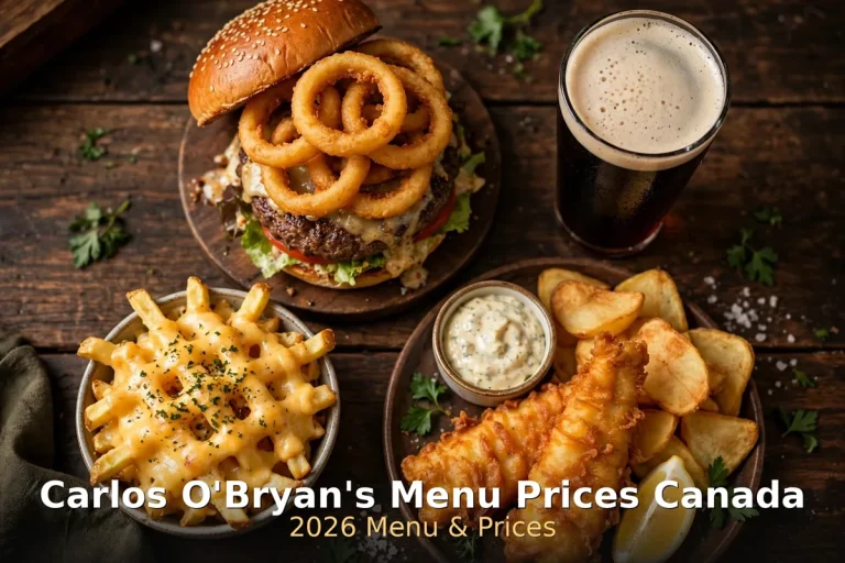 Carlos O'Bryan's menu prices Canada 2026: Guinness beef burger with onion rings, stout, fish and chips and loaded lattice fries