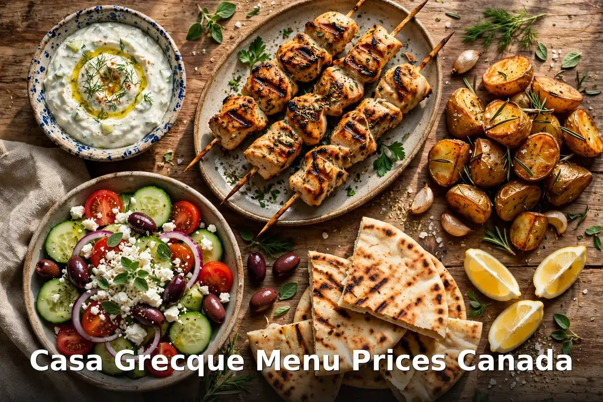 Casa Grecque menu prices Canada 2026 featured: AI-generated Greek souvlaki platter with pita and tzatziki