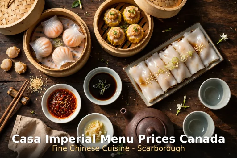 Casa Imperial menu prices Canada 2026 featured: AI-generated dim sum spread with PIL keyword overlay "Casa Imperial Menu Prices Canada"