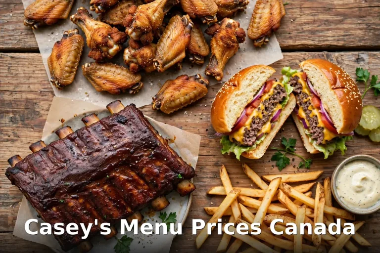 caseys menu prices canada 2026: slow-roasted baby back ribs glazed with barbecue sauce, pound of chicken wings, classic grill-bar burger on brioche and Kronuts croissant-donut dessert
