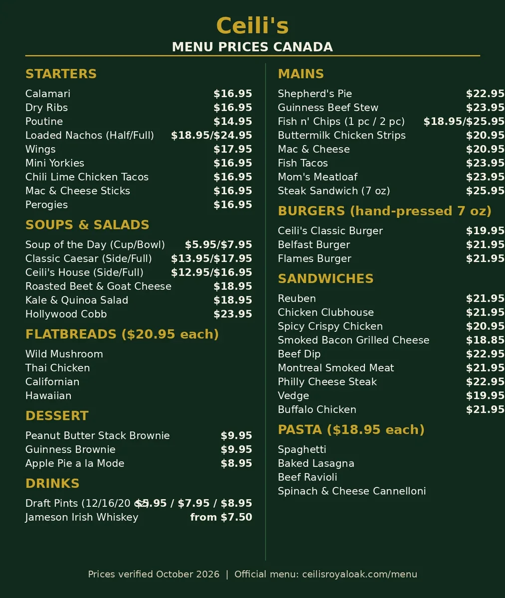 Ceili's menu card Canada 2026: current official menu prices from ceilisroyaloak.com for starters, mains, burgers, sandwiches, salads, flatbreads and drinks