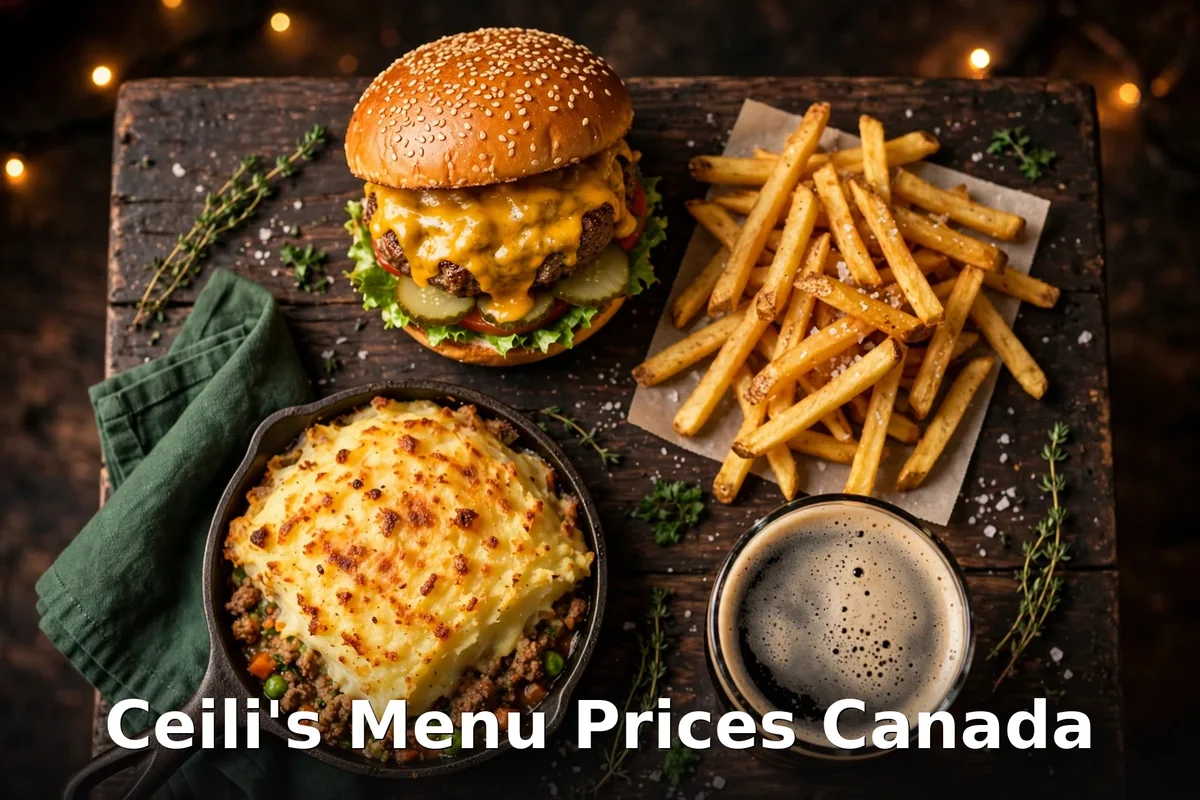Ceili's Menu Prices Canada 2026: Irish pub food spread with fish and chips, shepherd's pie and a pour of Guinness in a Calgary pub
