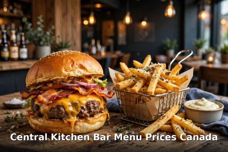 Central Kitchen Bar prices Canada 2026, bacon cheeseburger with truffle fries at the Kelowna gastropub