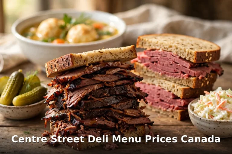 centre street deli menu prices canada 2026: stacked smoked meat sandwich on rye with matzo ball soup, pickles and coleslaw at Centre Street Deli