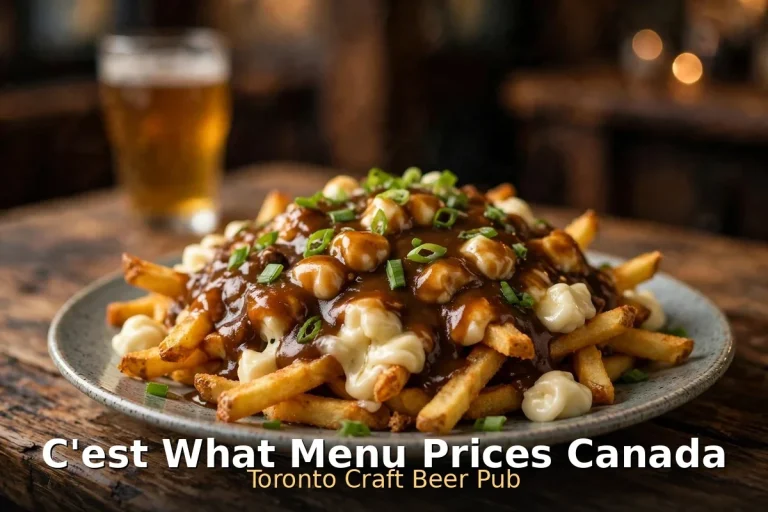 C'est What menu prices Canada - poutine with gravy and cheese curds beside a craft beer, c'est what menu prices canada