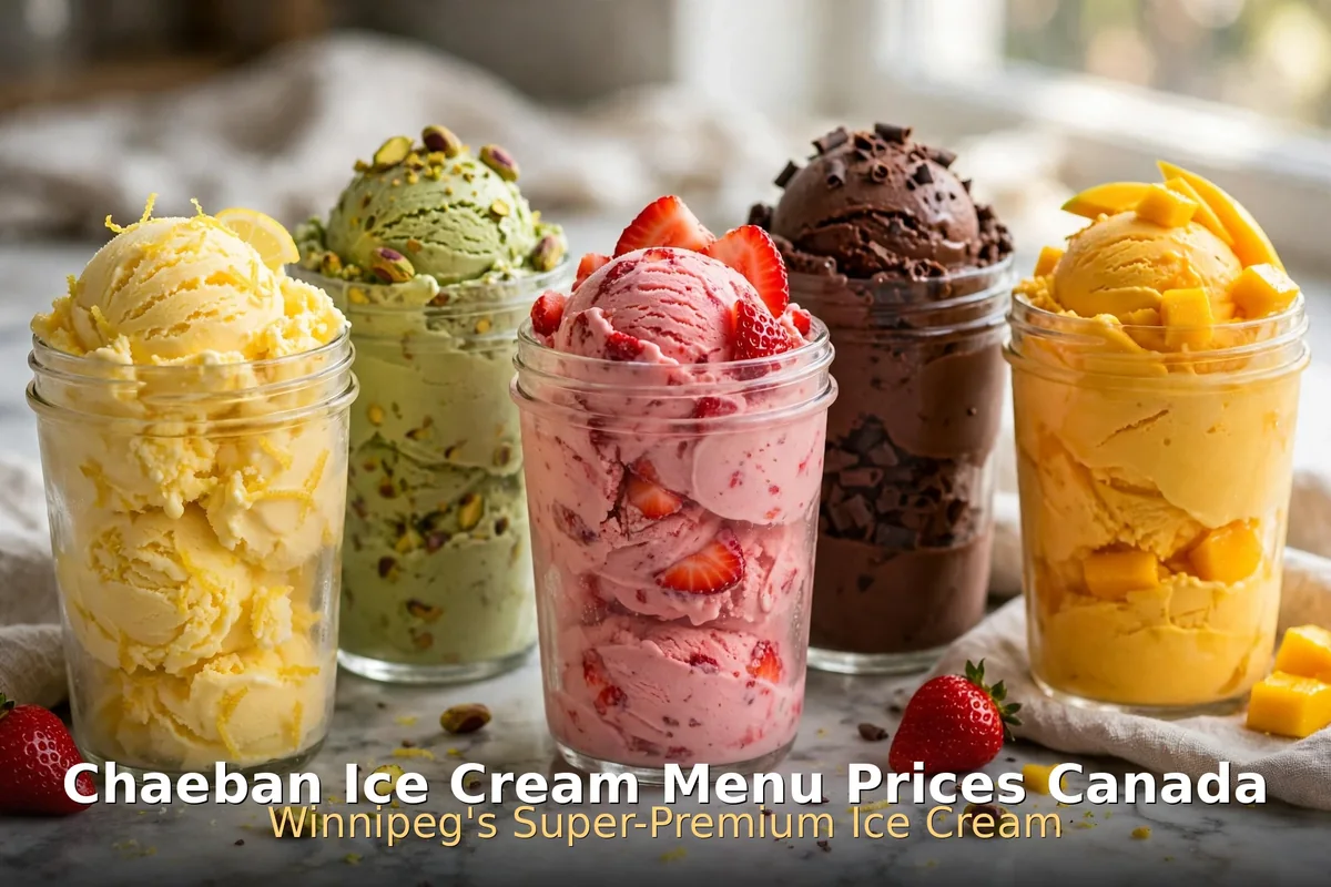 Chaeban Ice Cream menu prices Canada 2026 featured: AI-generated glass pint jars of super-premium ice cream flavours, PIL keyword overlay "Chaeban Ice Cream Menu Prices Canada"