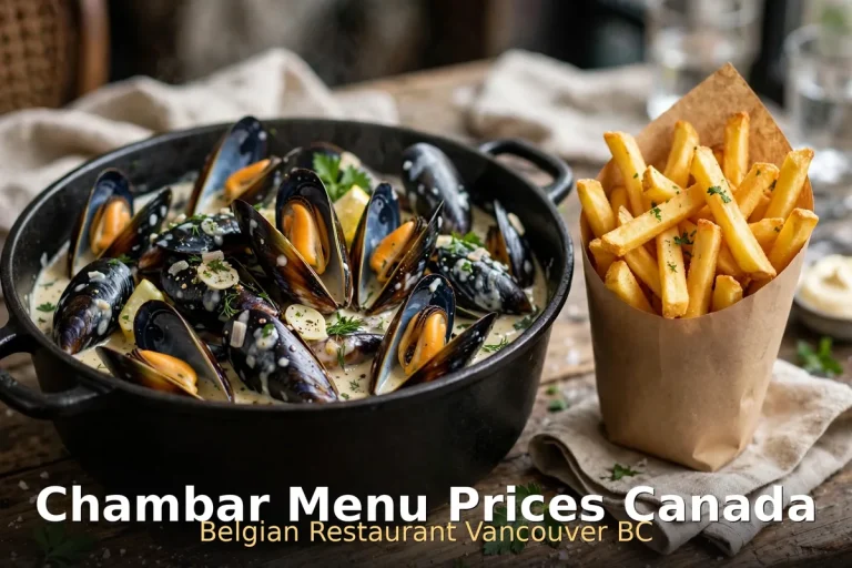 chambar menu prices, Chambar Belgian restaurant Vancouver moules frites table spread, Chambar Menu Prices Canada
