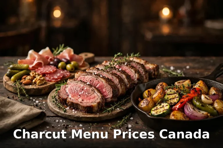 Charcut menu prices Canada 2026 featured: AI-generated prime rib and charcuterie spread with PIL keyword overlay