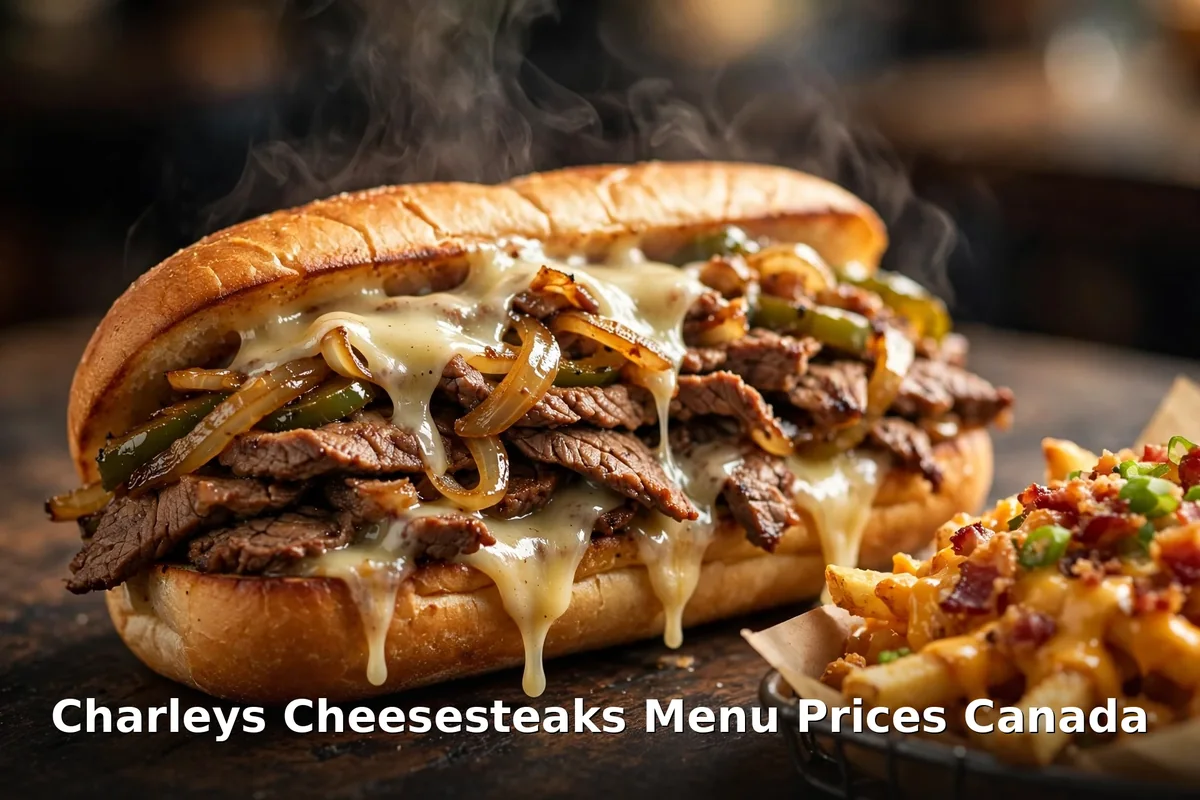 Charleys Cheesesteaks menu prices Canada 2026: hot Philly cheesesteak with melted cheese and loaded fries